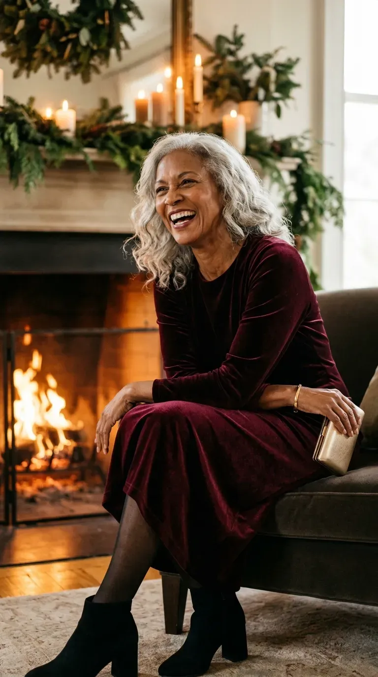 Woman over 50 in burgundy velvet midi dress and ankle boots near a fireplace