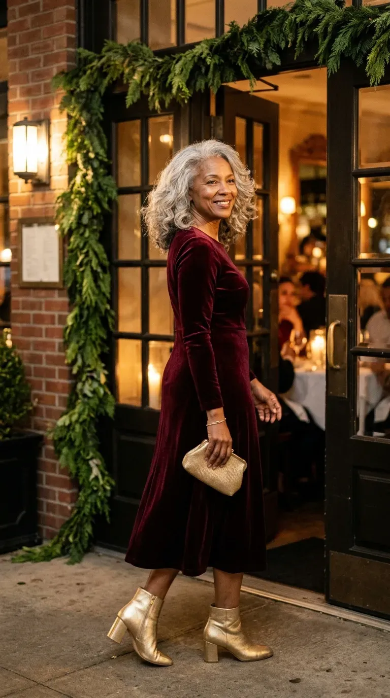 Woman over 50 in burgundy velvet midi dress and gold ankle boots on a Christmas date night