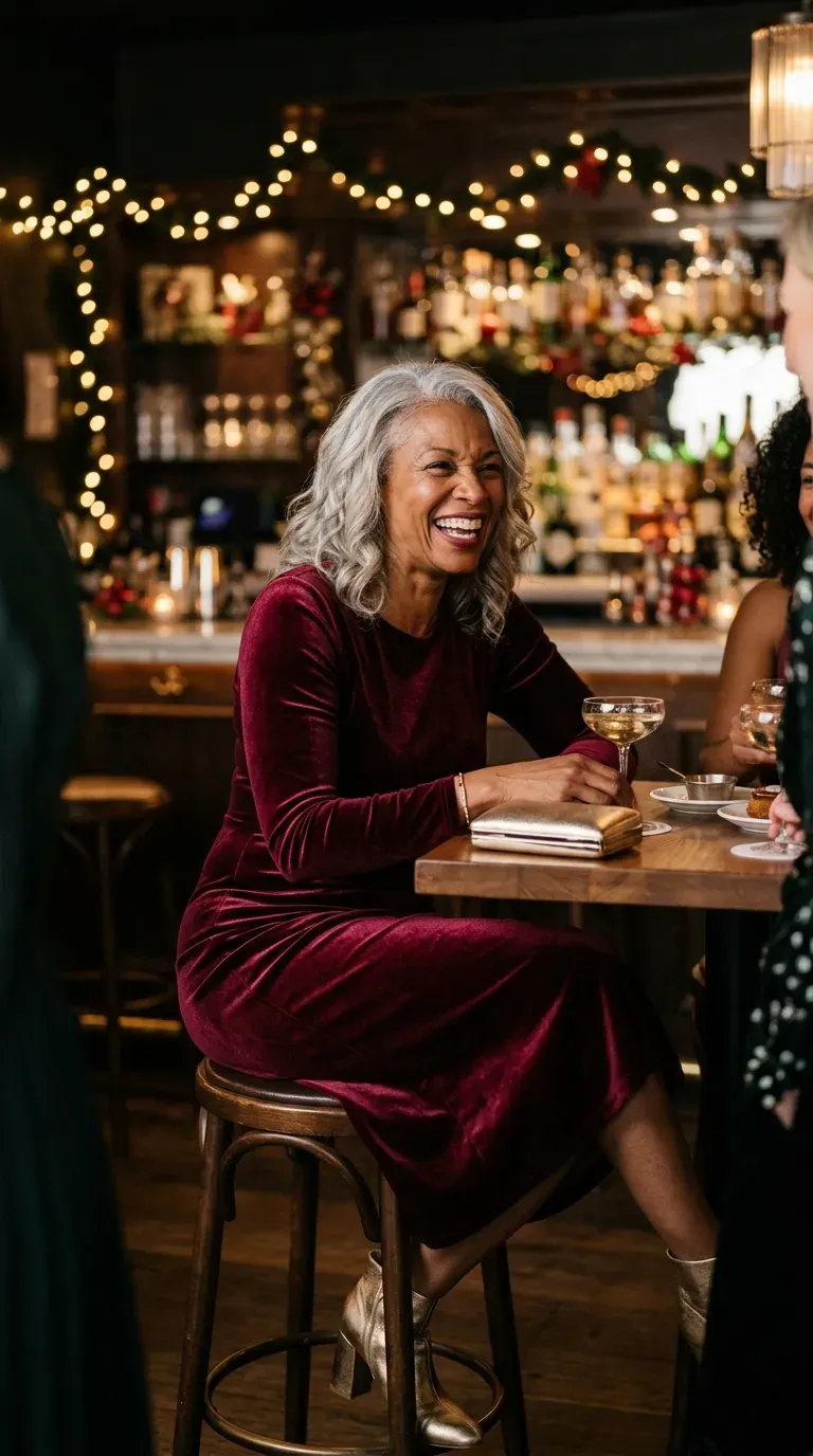 Woman over 50 in burgundy velvet midi dress and gold ankle boots laughing at a bar