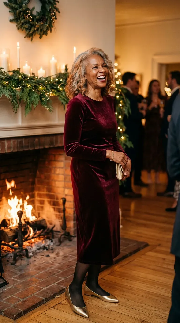 Woman over 50 in burgundy velvet midi dress and gold flats laughing at a party