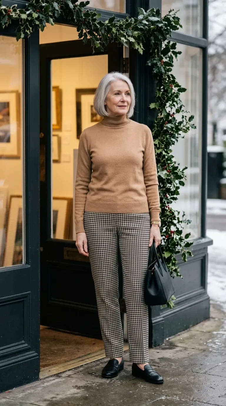 Woman over 50 in burgundy velvet midi skirt and ivory knit for a Christmas card photo