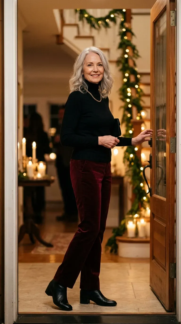 Woman over 50 in burgundy velvet trousers and black turtleneck at a candlelit holiday dinner