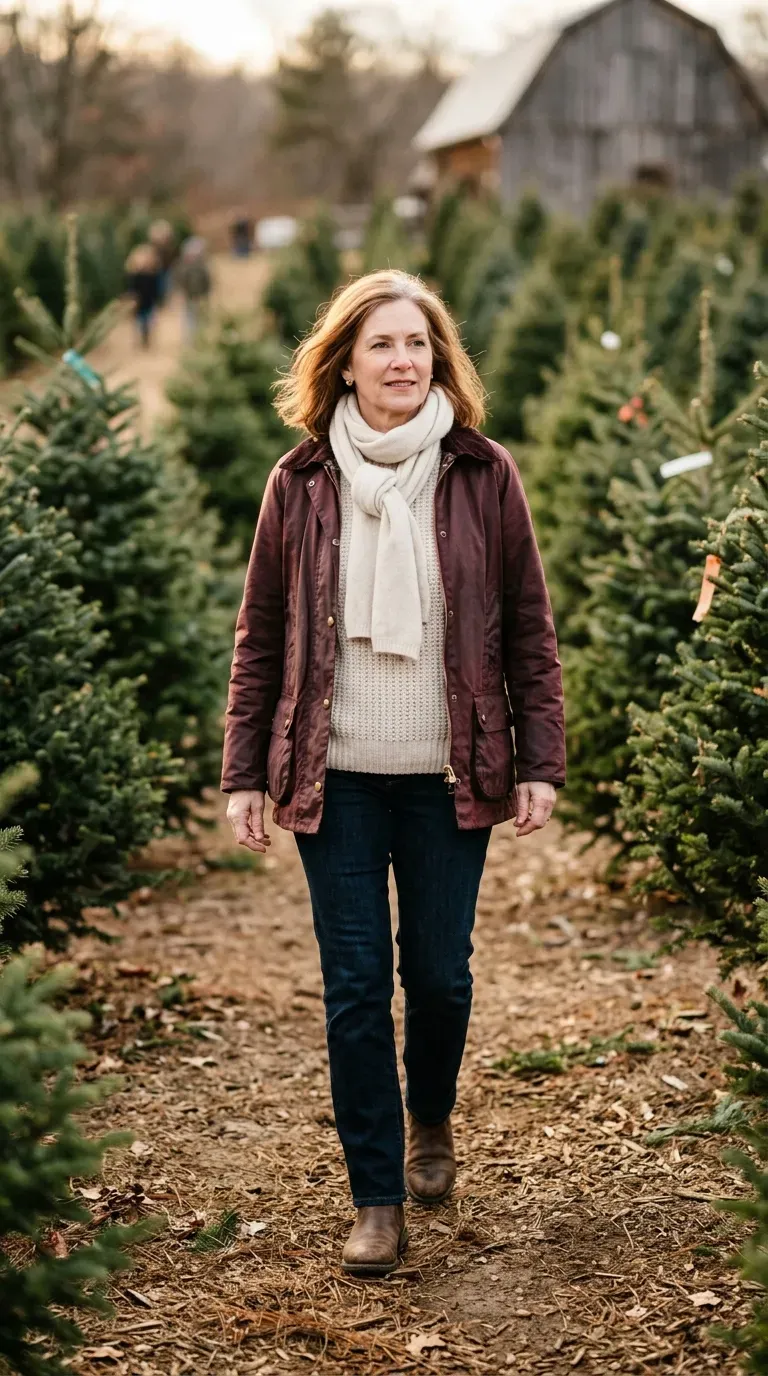 Woman over 50 in burgundy waxed jacket, cream knit and dark jeans at a tree farm