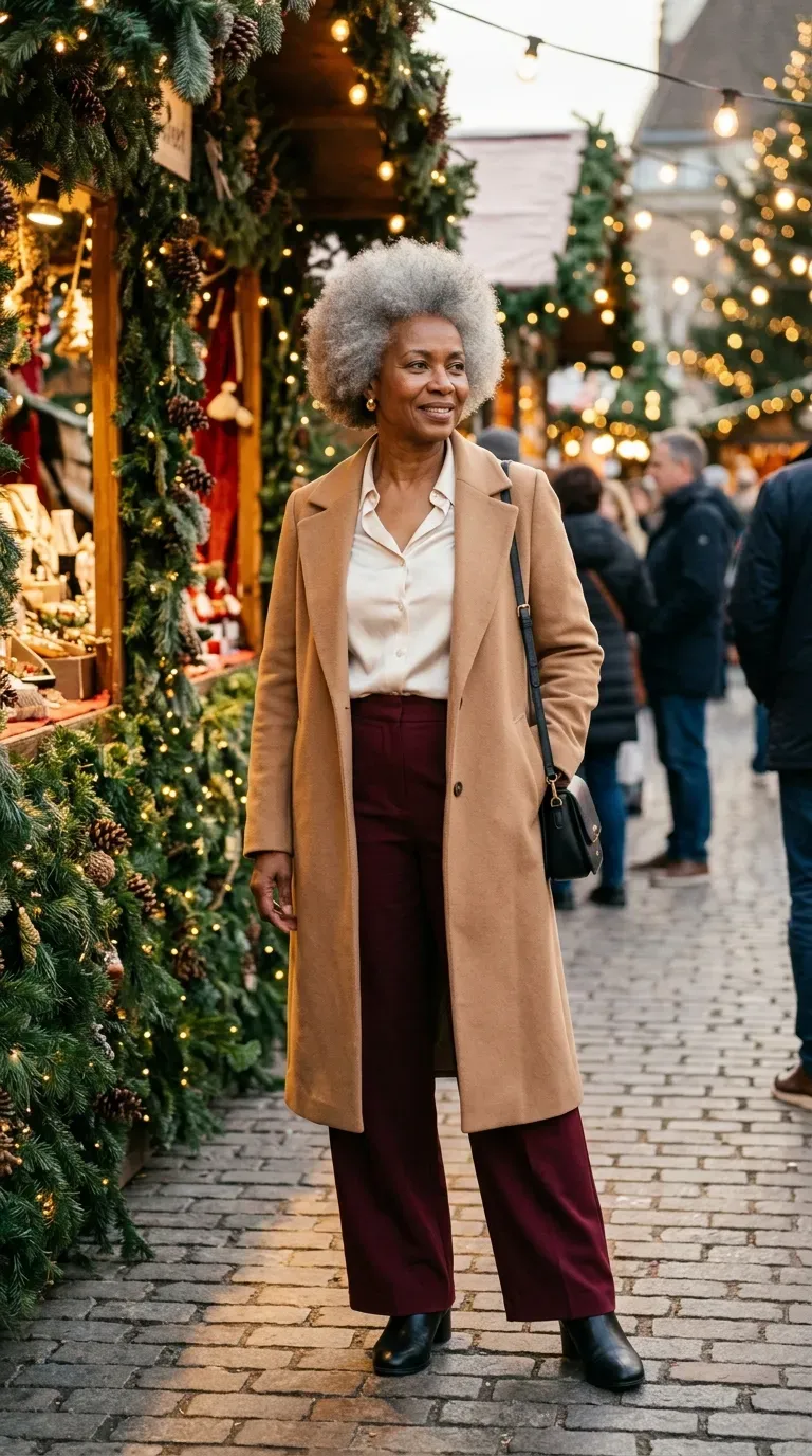 Black woman in burgundy wide-leg trousers and a cream blouse at a festive market stall