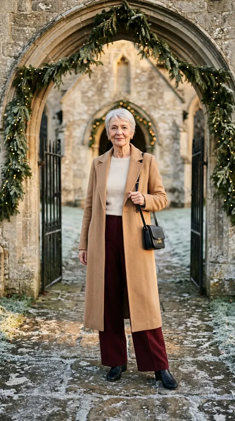 Woman in burgundy wide-leg trousers and cream knit under a church lych-gate with garlands