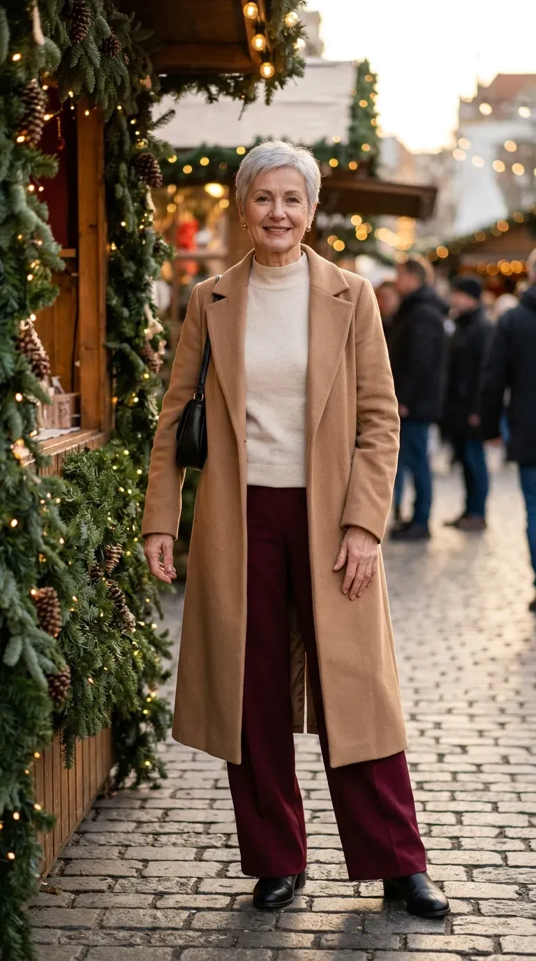 Woman in burgundy wide-leg trousers and a cream knit at a market stall with garlands
