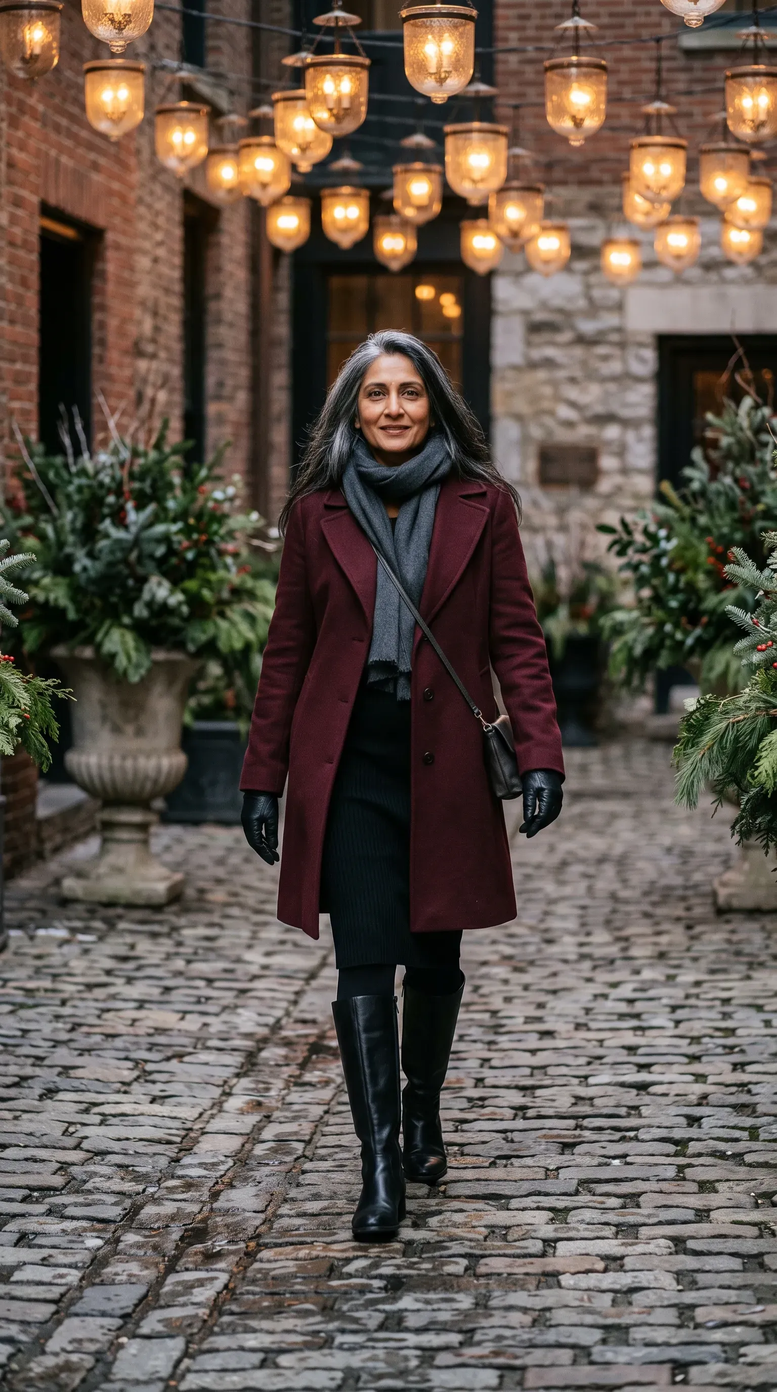 Woman in burgundy wool coat, black knit skirt and tall boots in a lantern-lit courtyard