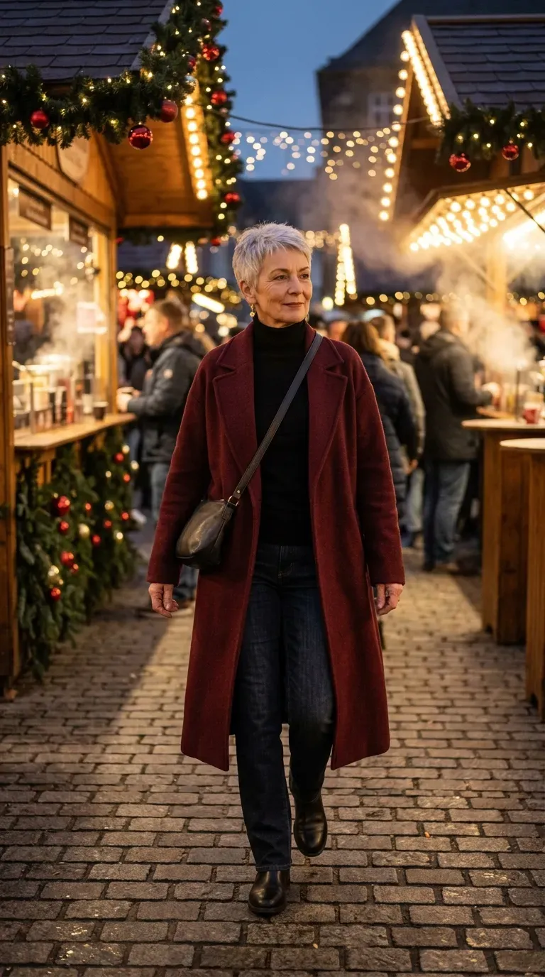 Woman over 50 in burgundy wool coat, black turtleneck and dark jeans at a Christmas market