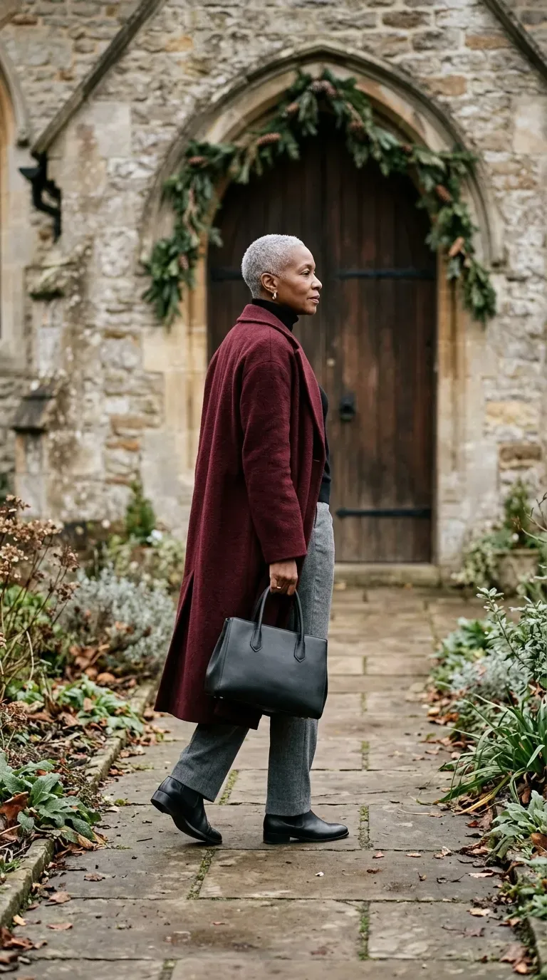 Woman over 50 in burgundy wool coat, black turtleneck and gray trousers outside a chapel