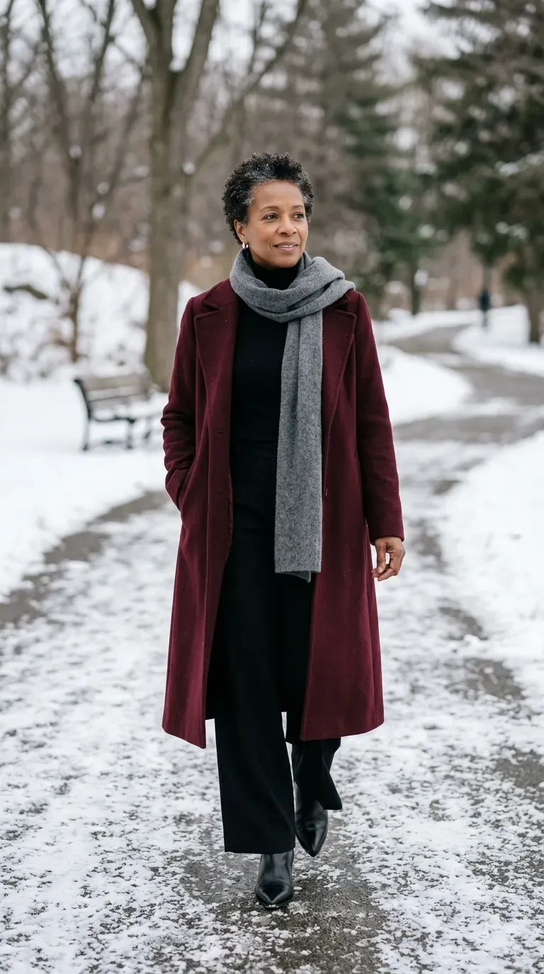 Woman over 50 in burgundy wool coat and black wide-leg trousers on a snowy path