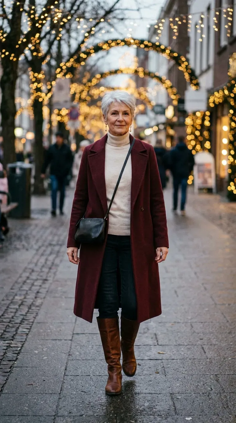 Woman over 50 in burgundy wool coat, cream turtleneck and knee-high boots viewing Christmas lights