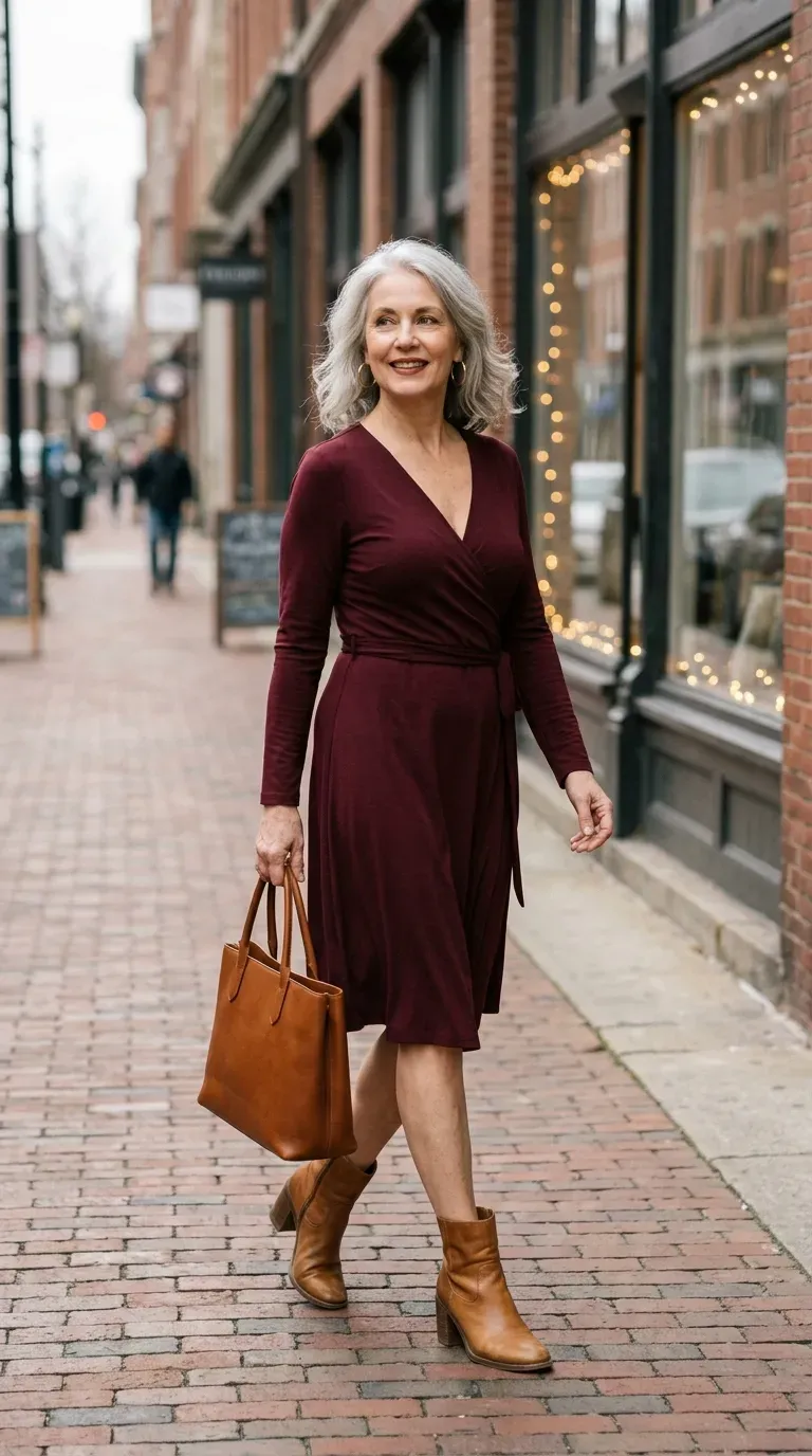 Woman over 50 in burgundy wrap dress and tan ankle boots on a brick-lined street at Christmas