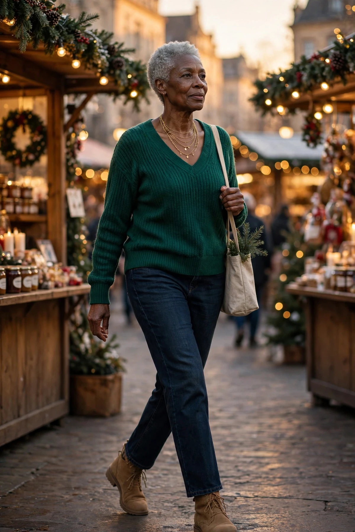 Woman in an emerald V-neck sweater and dark jeans at a Christmas market