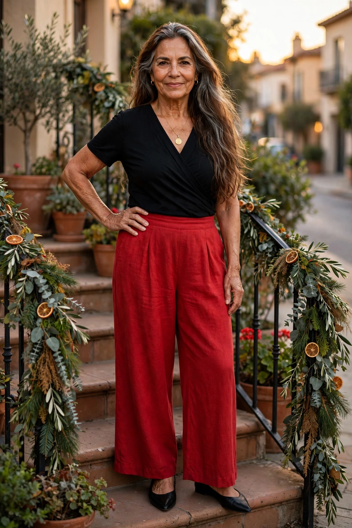 Woman in a black surplice top and red wide-leg pants on a garland staircase at Christmas