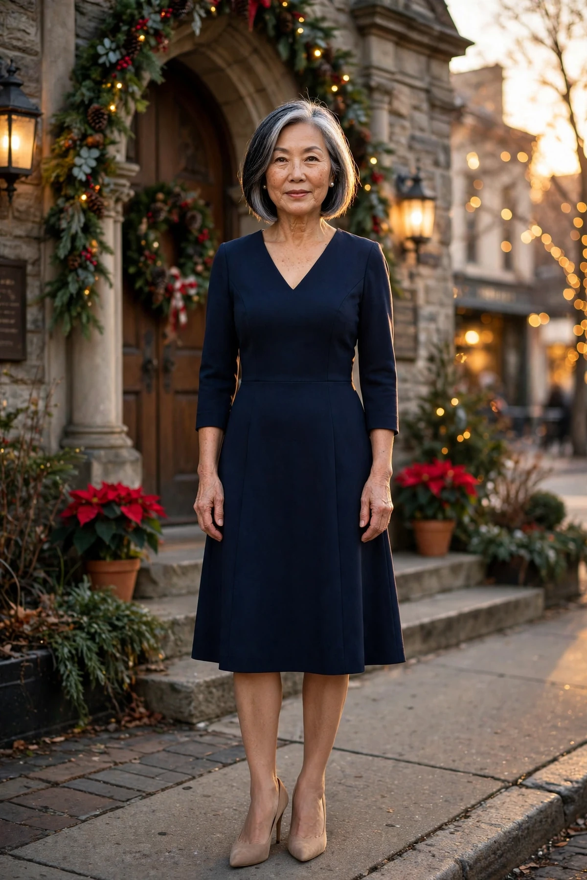 Woman in a navy fit-and-flare dress with a V-neckline outside a church at Christmas