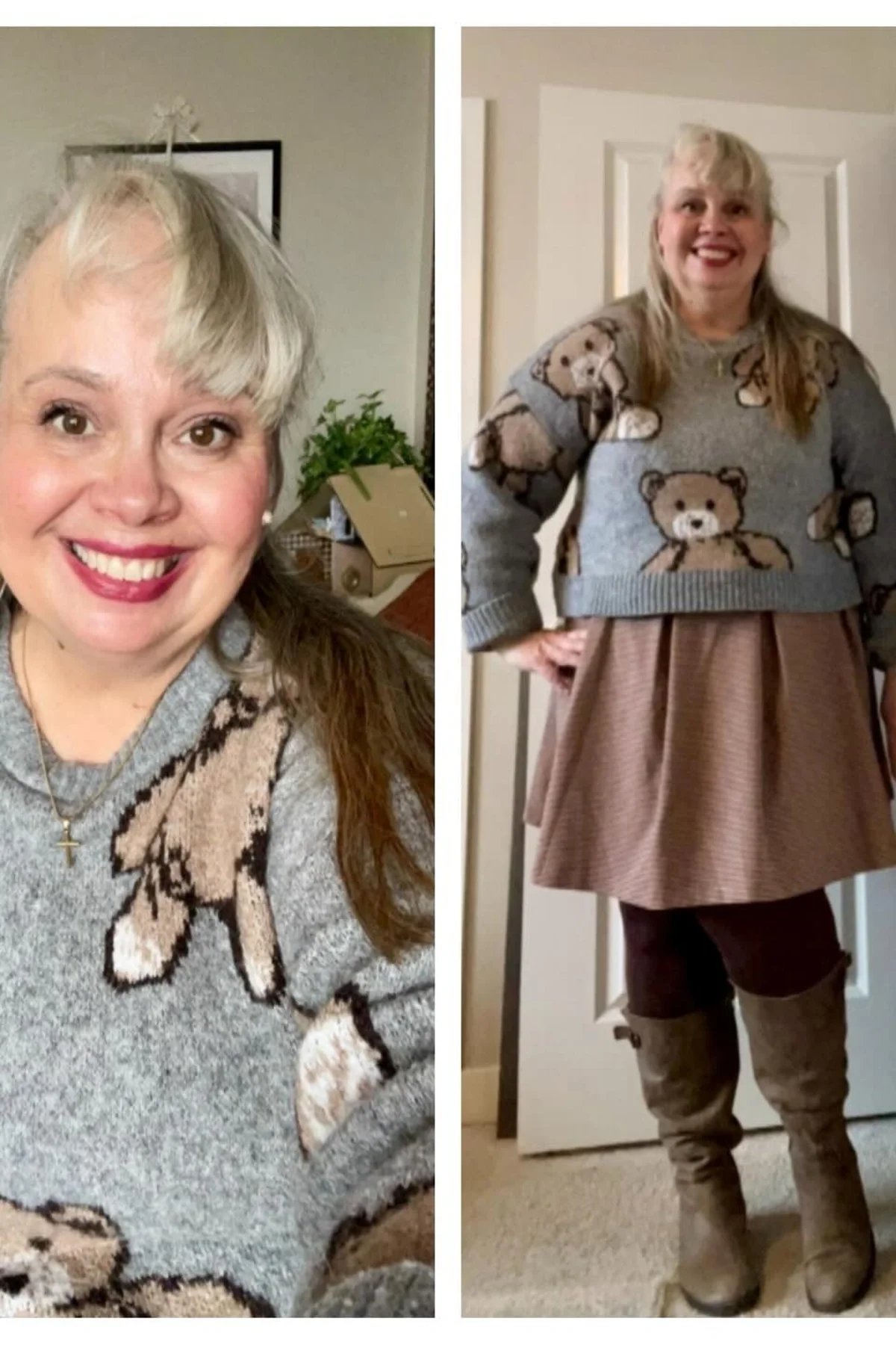Woman in a gray knit sweater and pink skater skirt with tan knee boots at home at Christmas