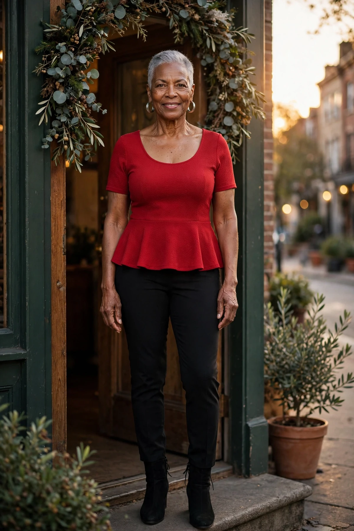 Woman in a red peplum top and black ponte pants in a wreath-decorated doorway