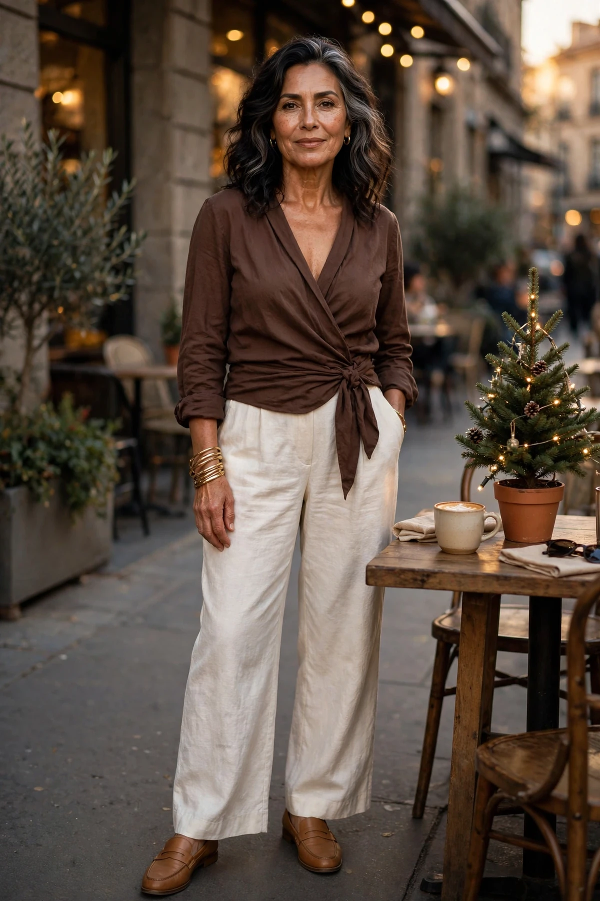 Woman in a chocolate brown wrap blouse and cream trousers at a cafe at Christmas