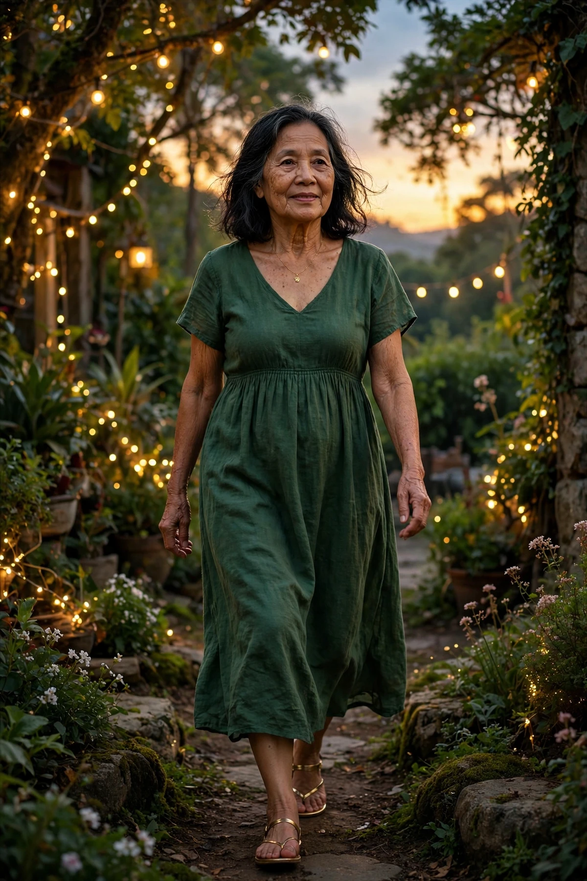 Woman in a forest green empire-waist dress and gold flats in a garden with Christmas lights