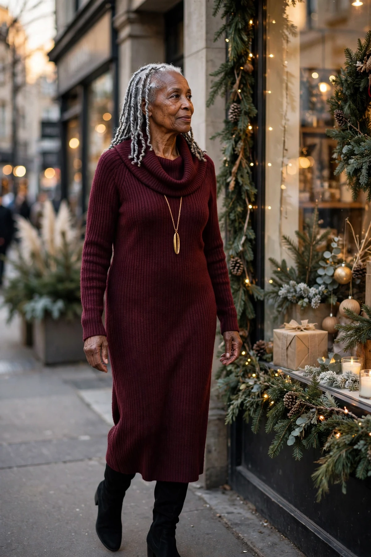 Woman in a wine-colored cowl-neck knit dress walking past a Christmas shop display