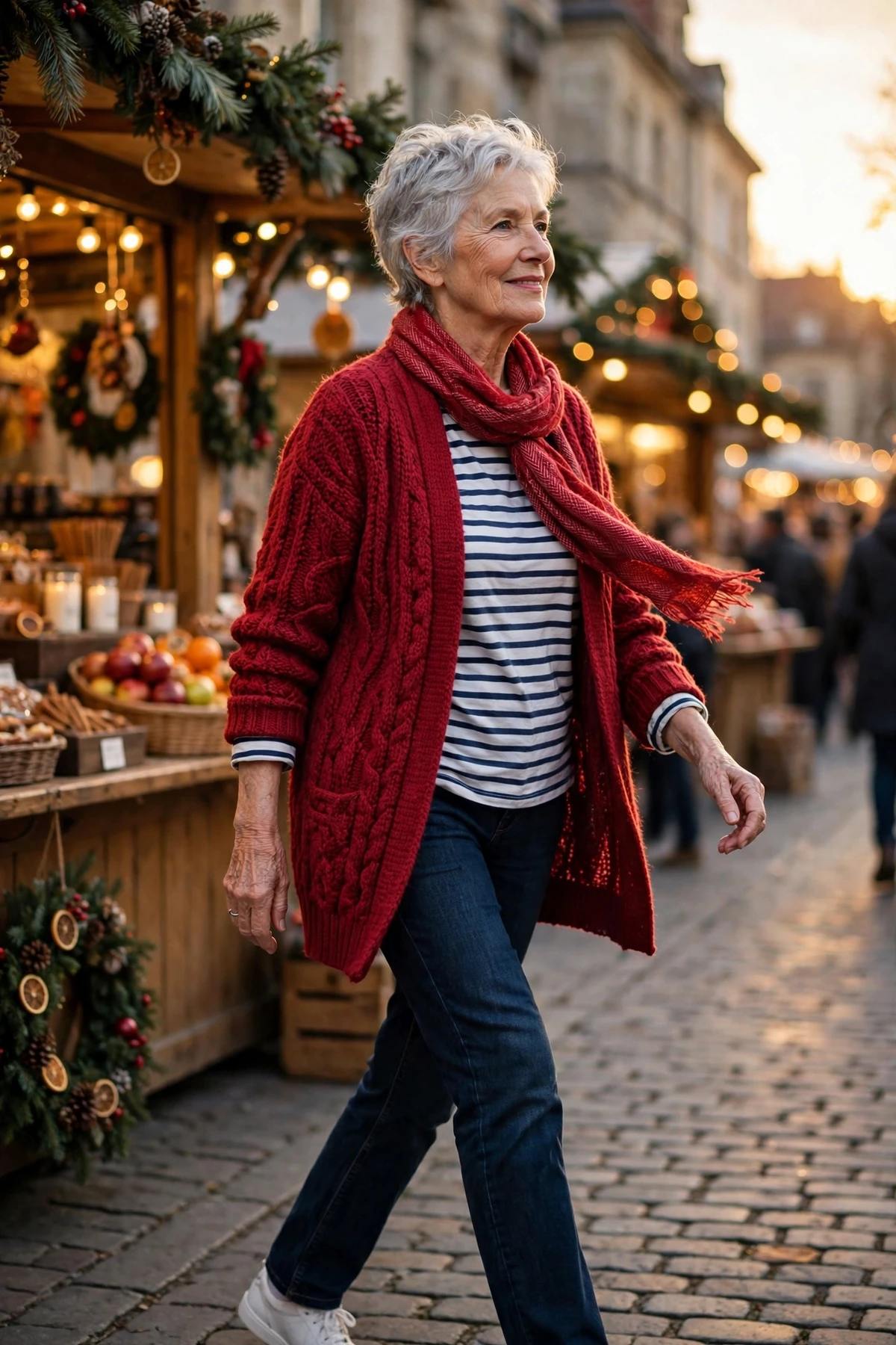 Woman in a cranberry cardigan and striped tee at an outdoor Christmas market