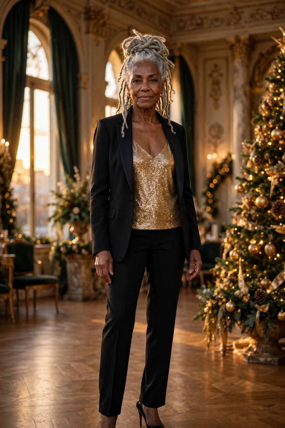 Woman in a gold sequin cami and black tuxedo blazer in a ballroom with a Christmas tree