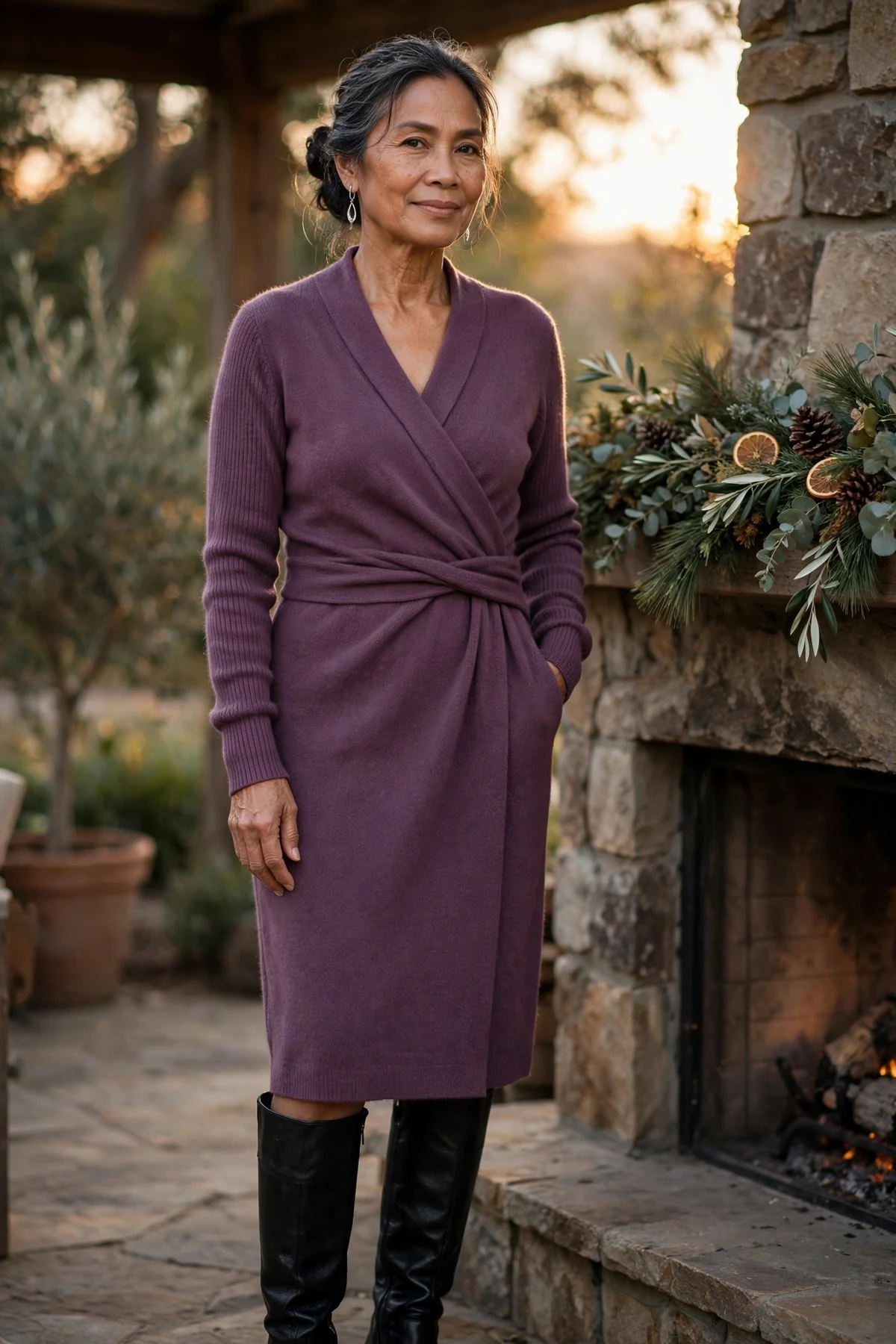 Woman in a plum surplice sweater dress and knee boots beside a fireplace with garland