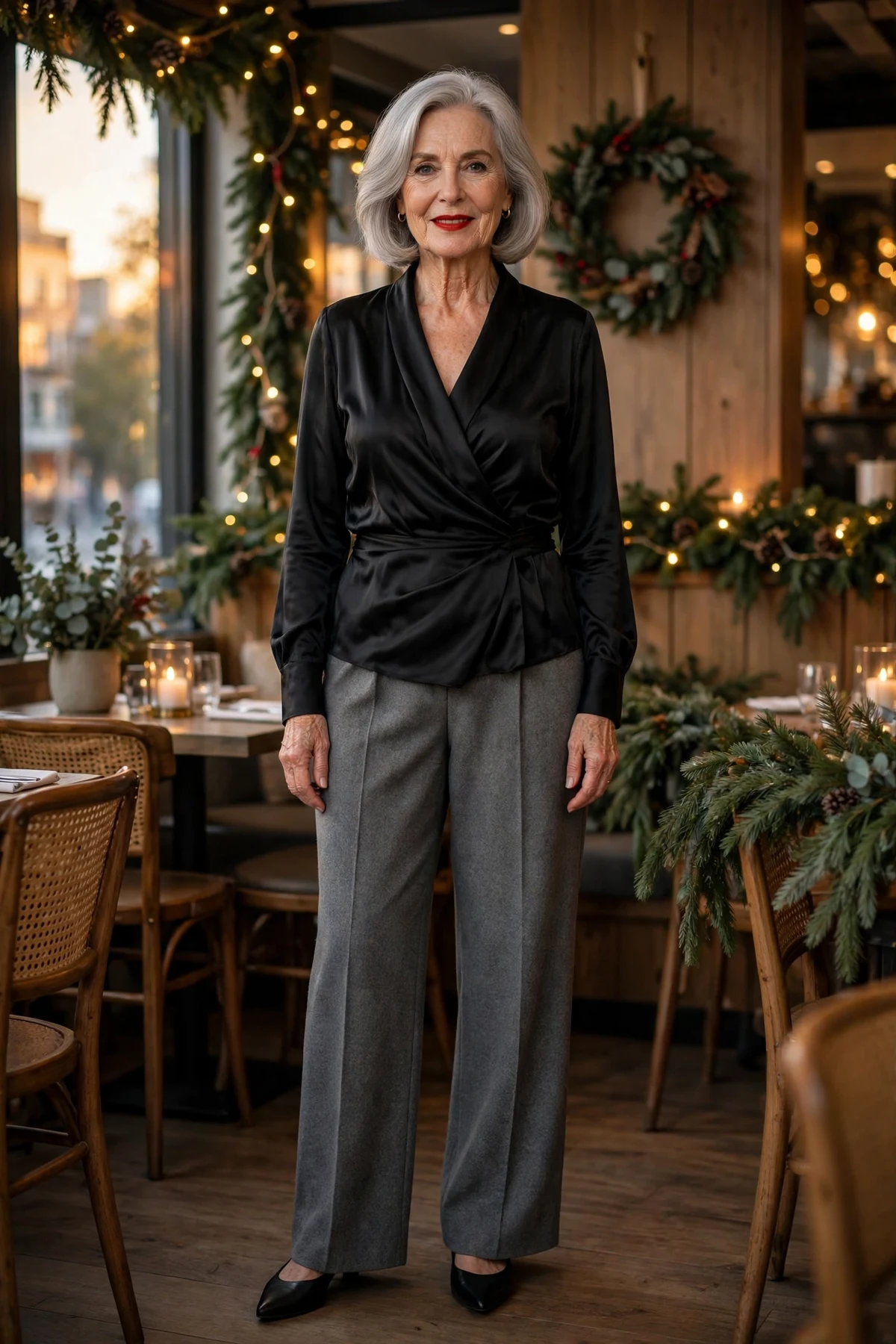 Woman in a black satin wrap blouse and gray wool trousers at a Christmas restaurant