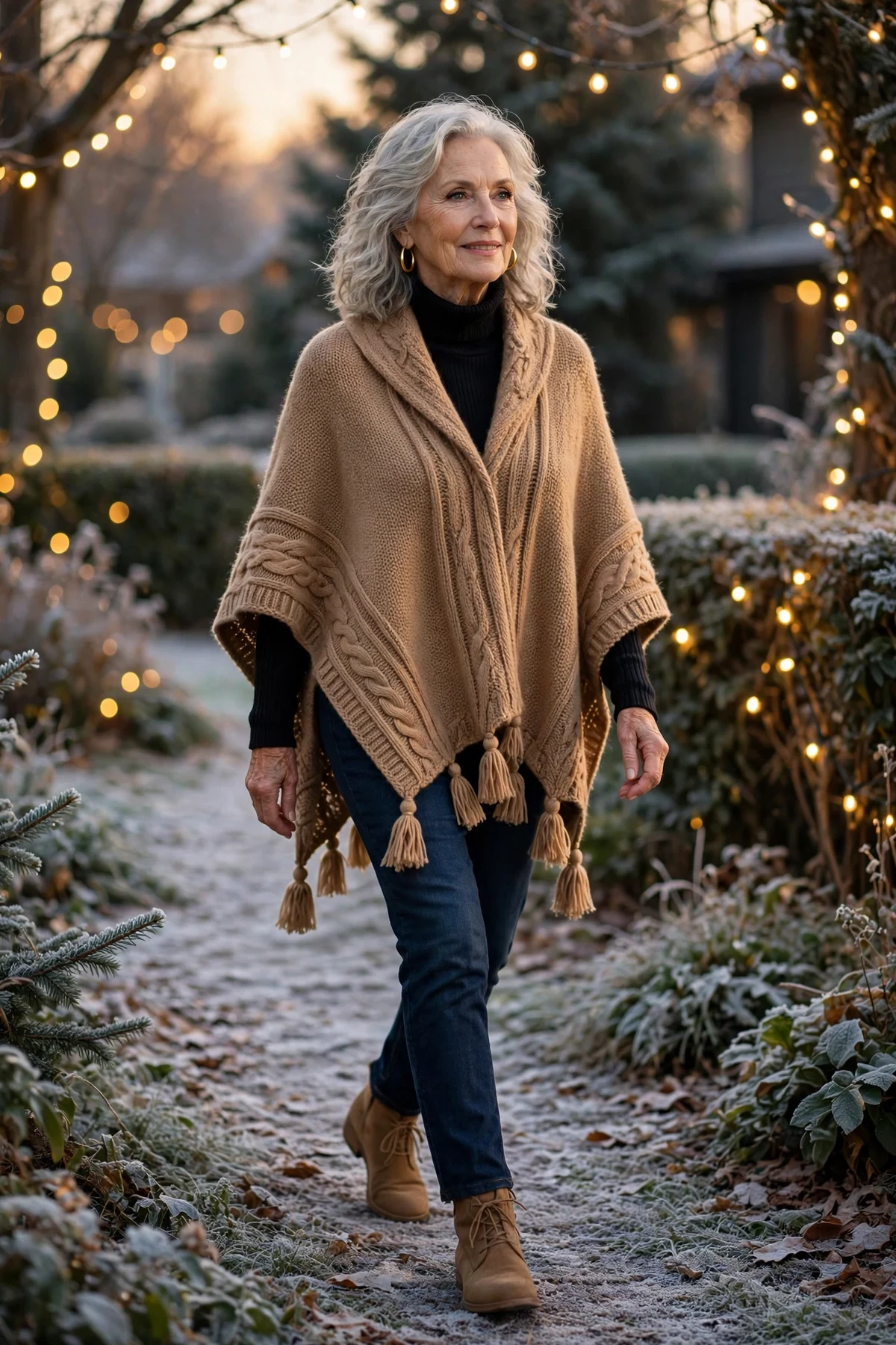 Woman in a camel poncho over a black turtleneck and jeans on a frosty path with lights