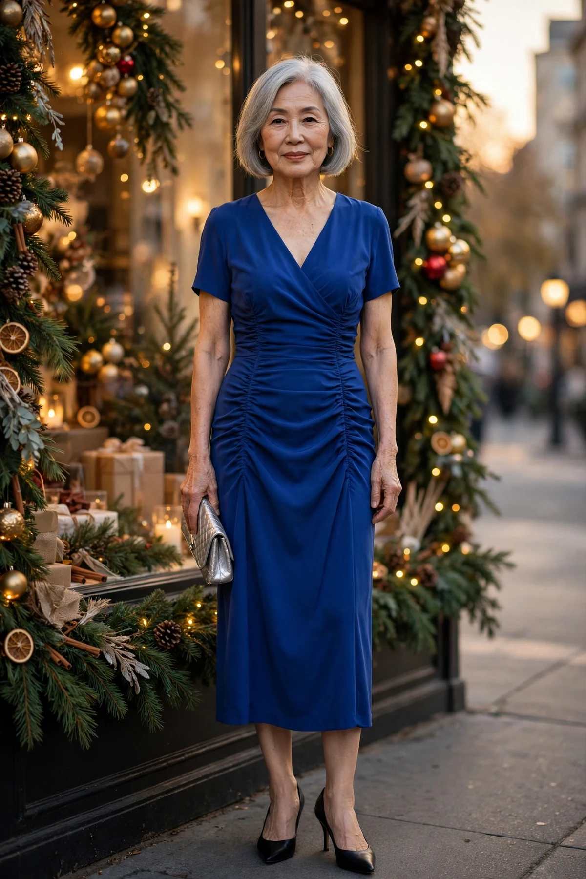 Woman in a royal blue ruched-side dress in front of a Christmas window display