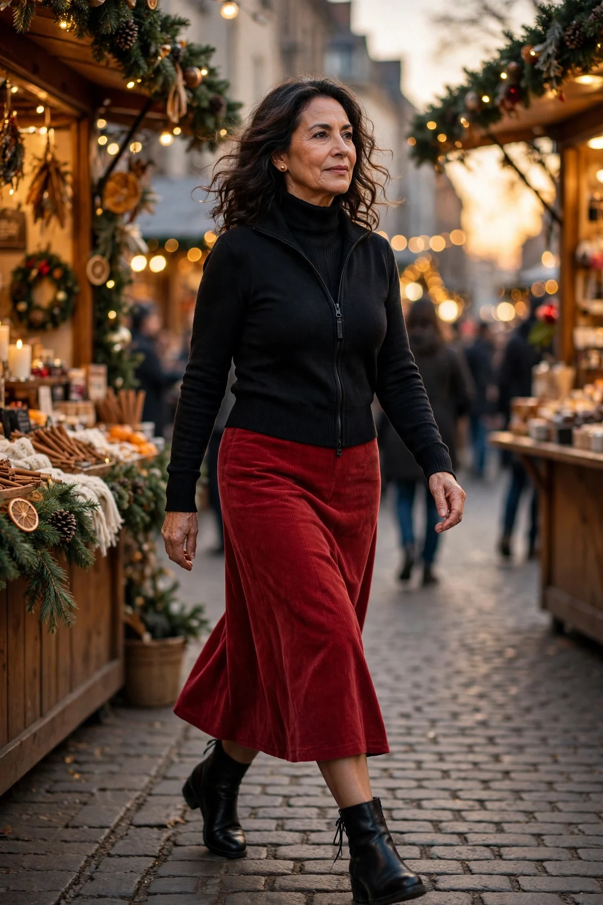 Woman in a black zip turtleneck and red corduroy skirt at a Christmas market