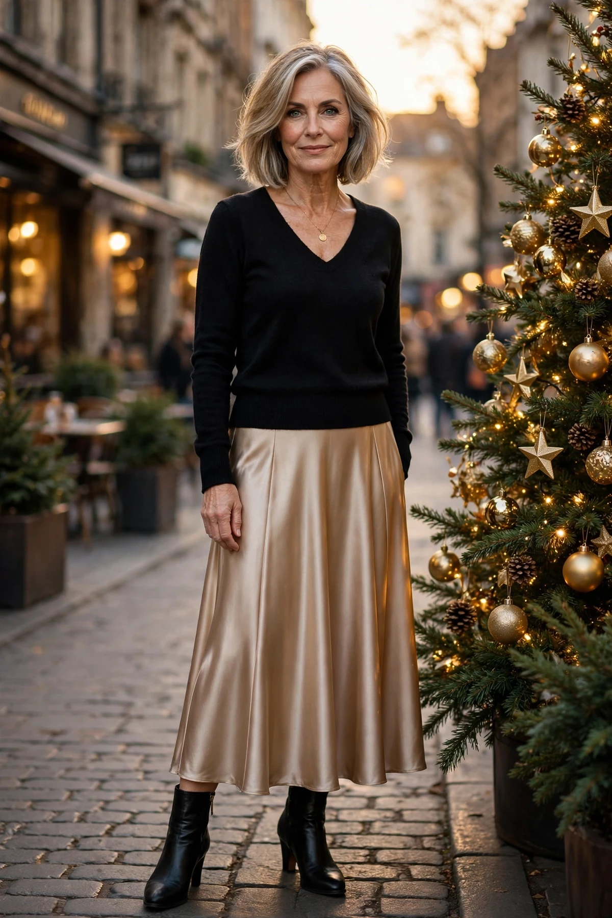 Woman in a black V-neck sweater and champagne satin skirt beside a gold Christmas tree