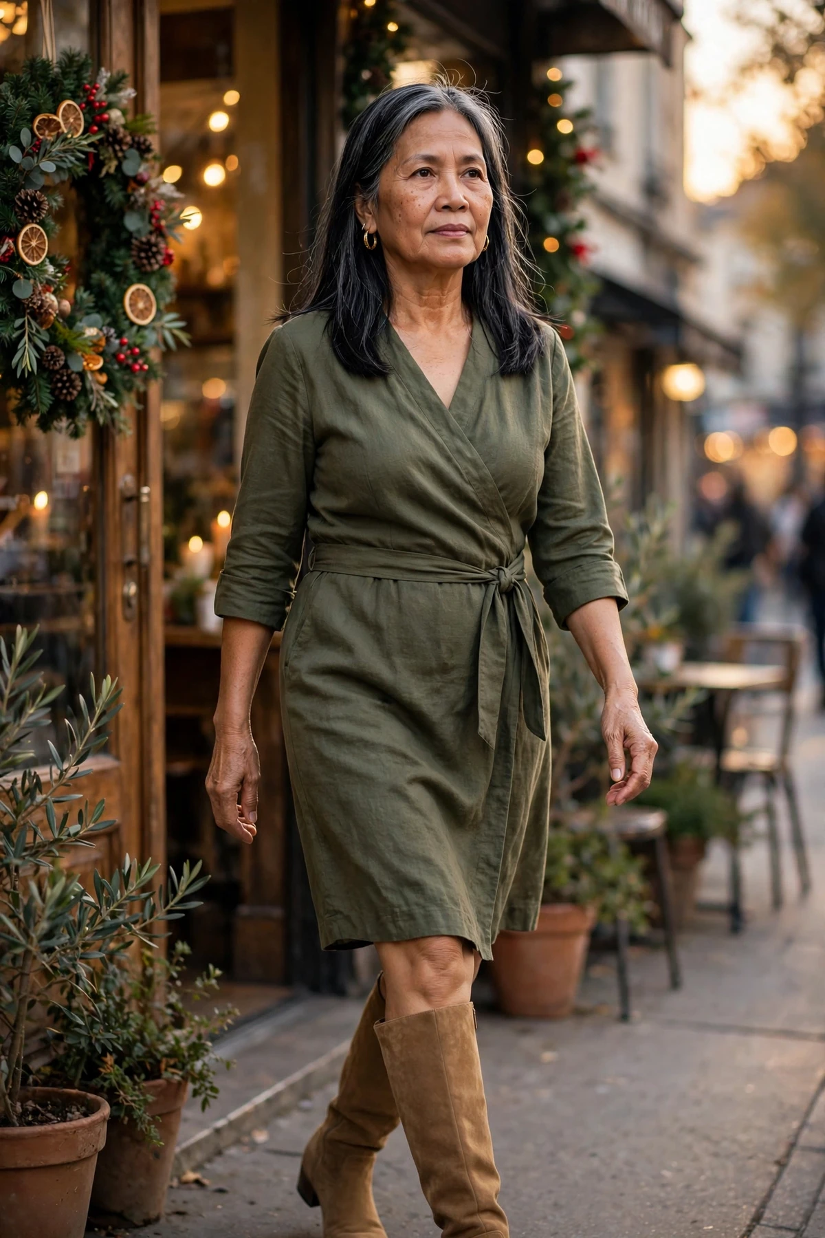 Woman in an olive faux-wrap shirt dress and tan boots passing a cafe with wreaths