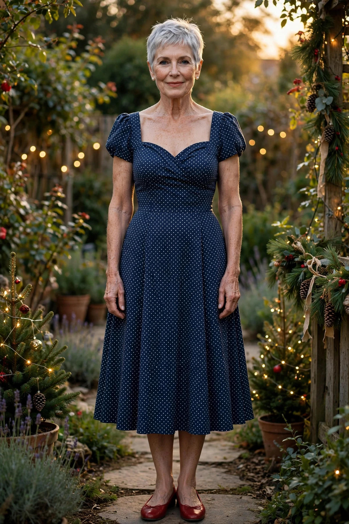 Woman in a navy polka-dot tea dress with a sweetheart neckline in a Christmas garden