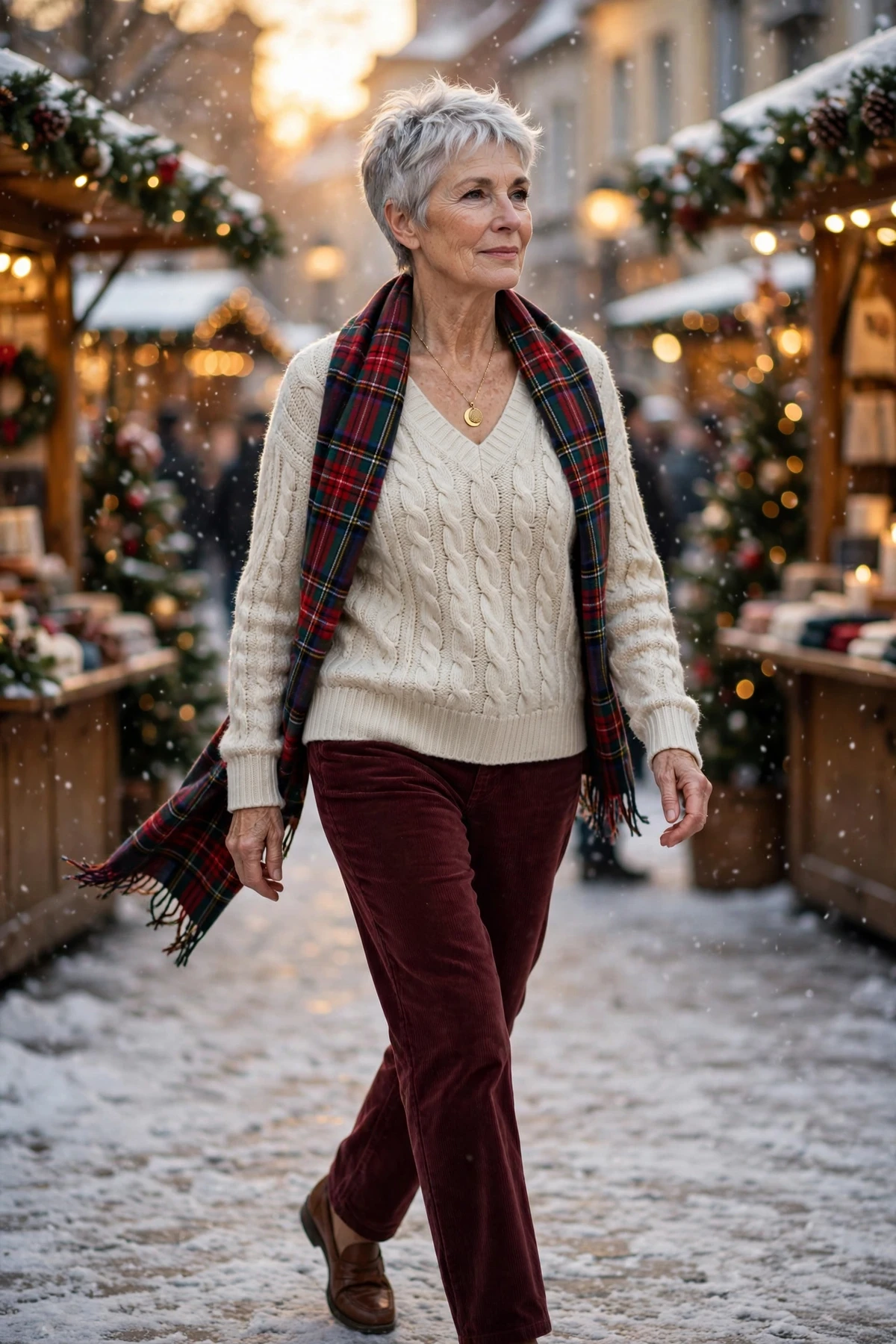 Woman in a cream Aran V-neck sweater and burgundy corduroys at a snowy Christmas market