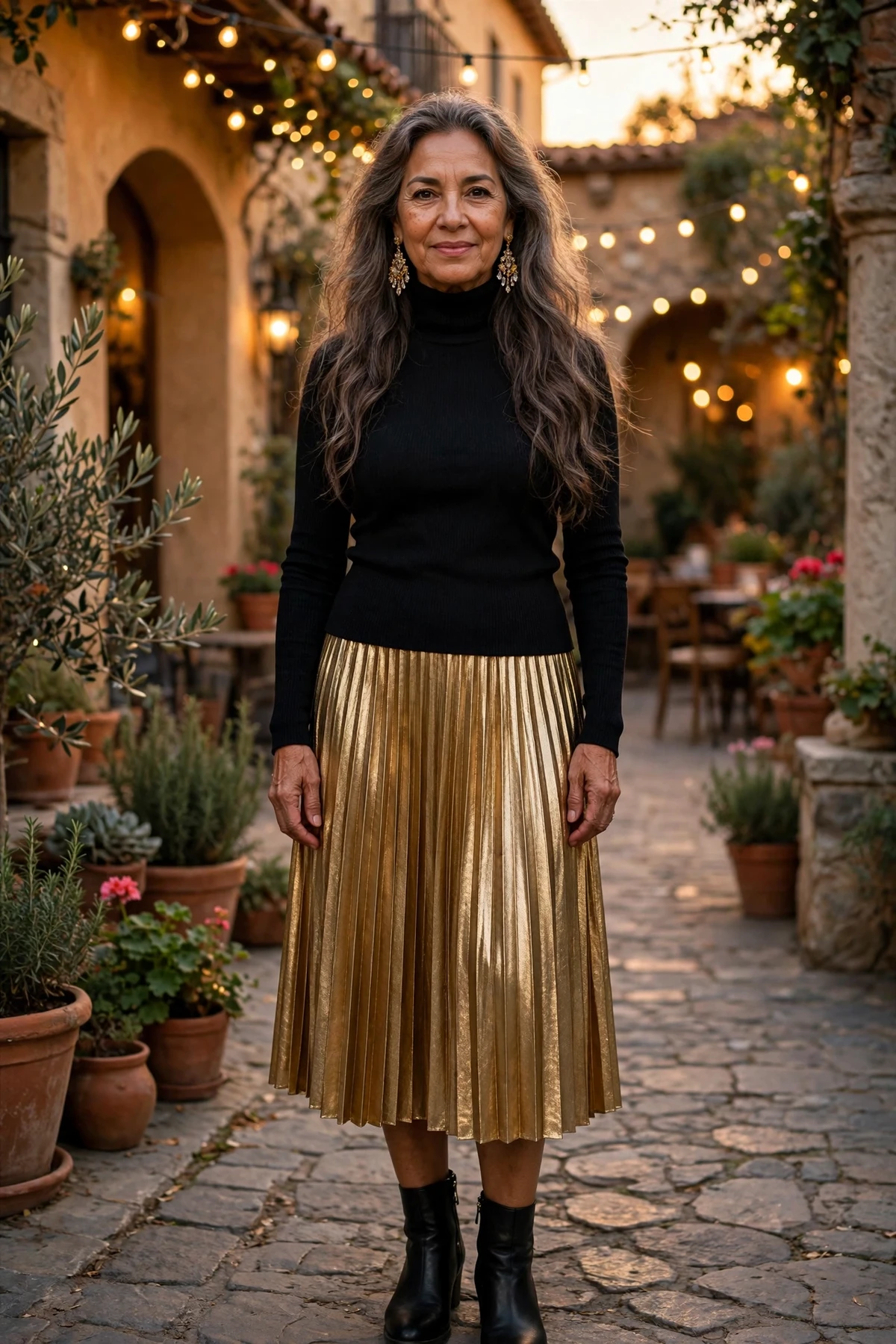 Woman in a black turtleneck and gold pleated midi skirt in a courtyard with Christmas lights