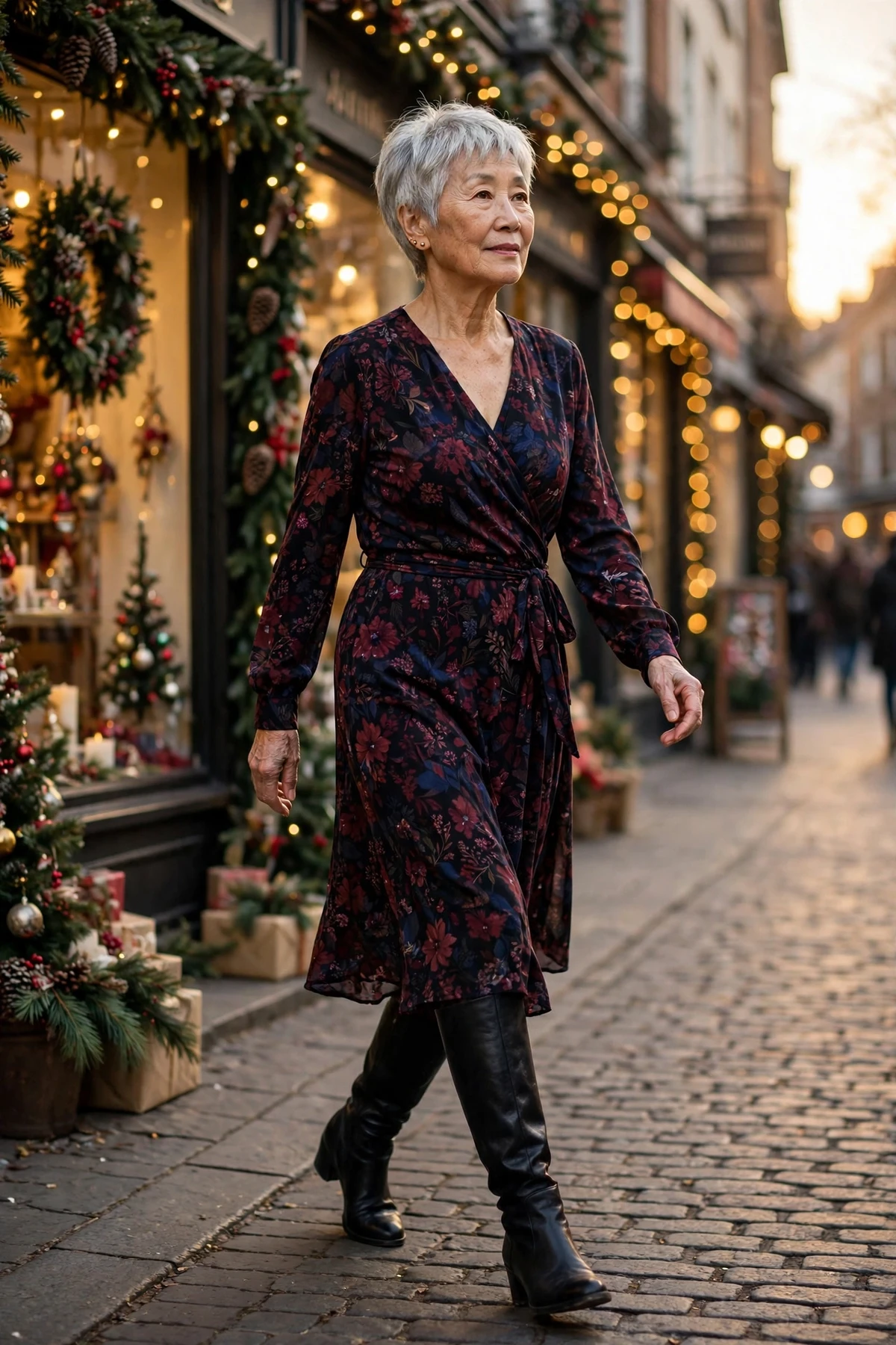 Woman in a dark floral wrap dress with long sleeves walking past Christmas shop windows