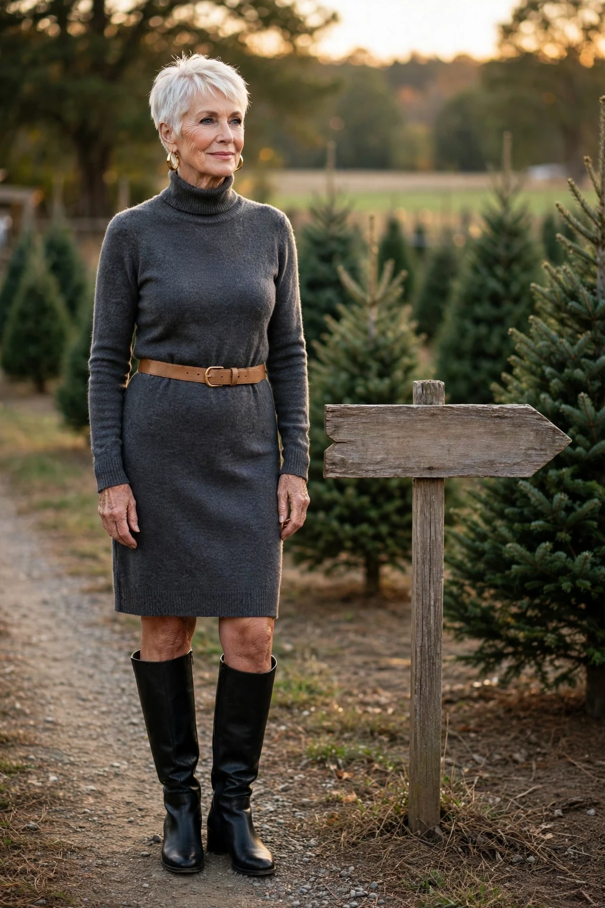 Woman in a charcoal turtleneck sweater dress with a belt at a Christmas tree farm