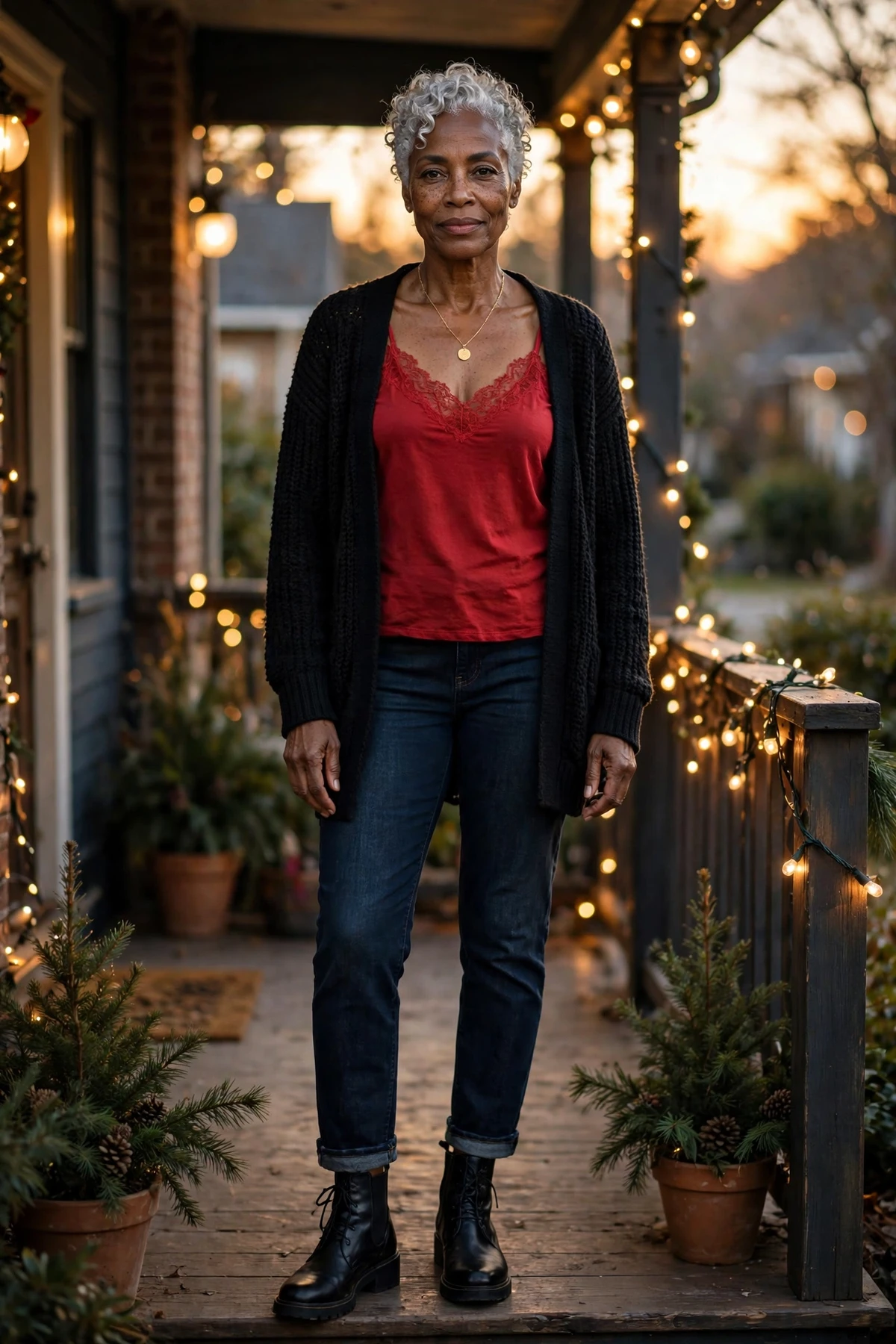 Woman in a red lace camisole under a black cardigan and jeans on a porch with lights