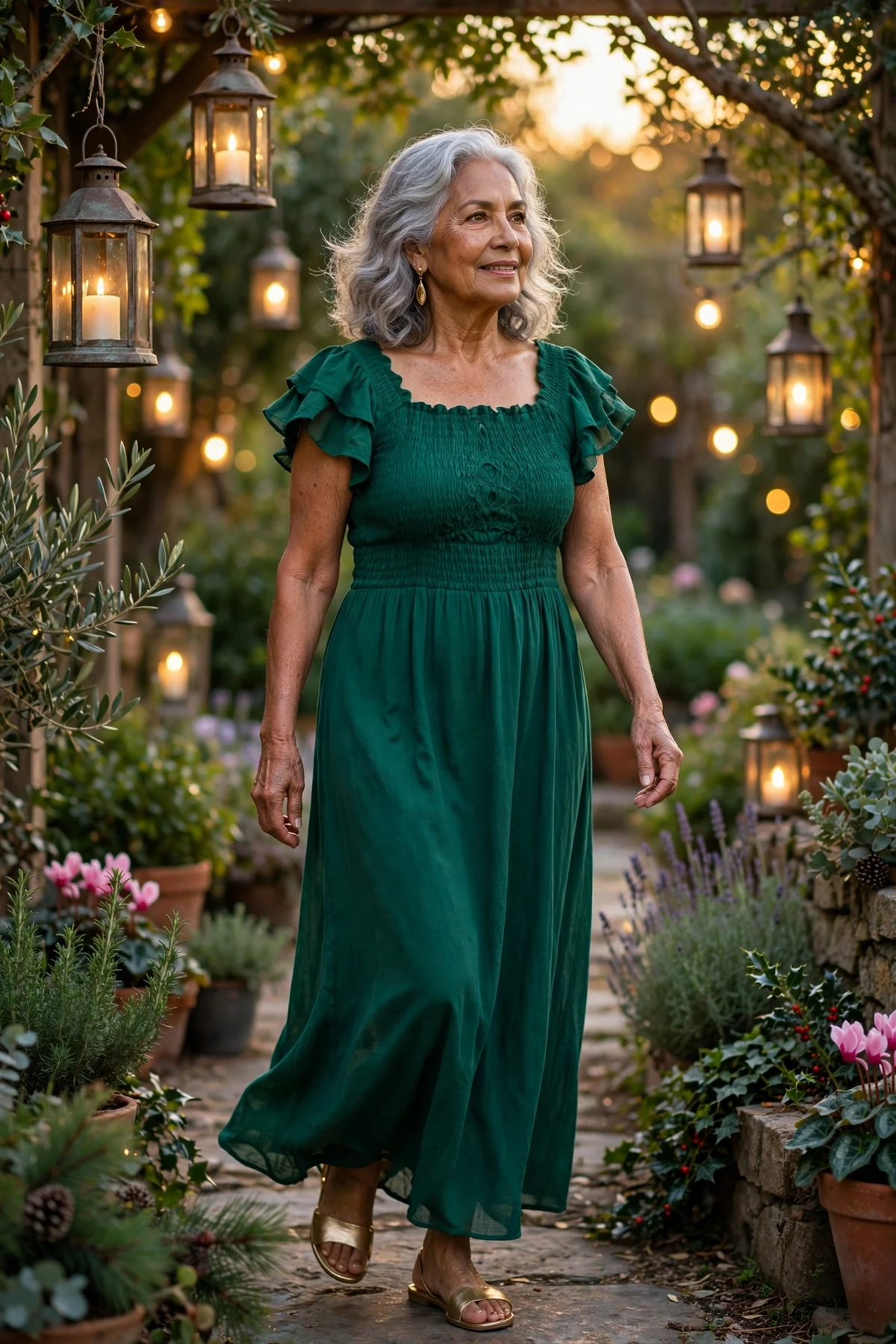 Woman in an emerald smocked-bodice maxi dress walking through a garden with Christmas lanterns