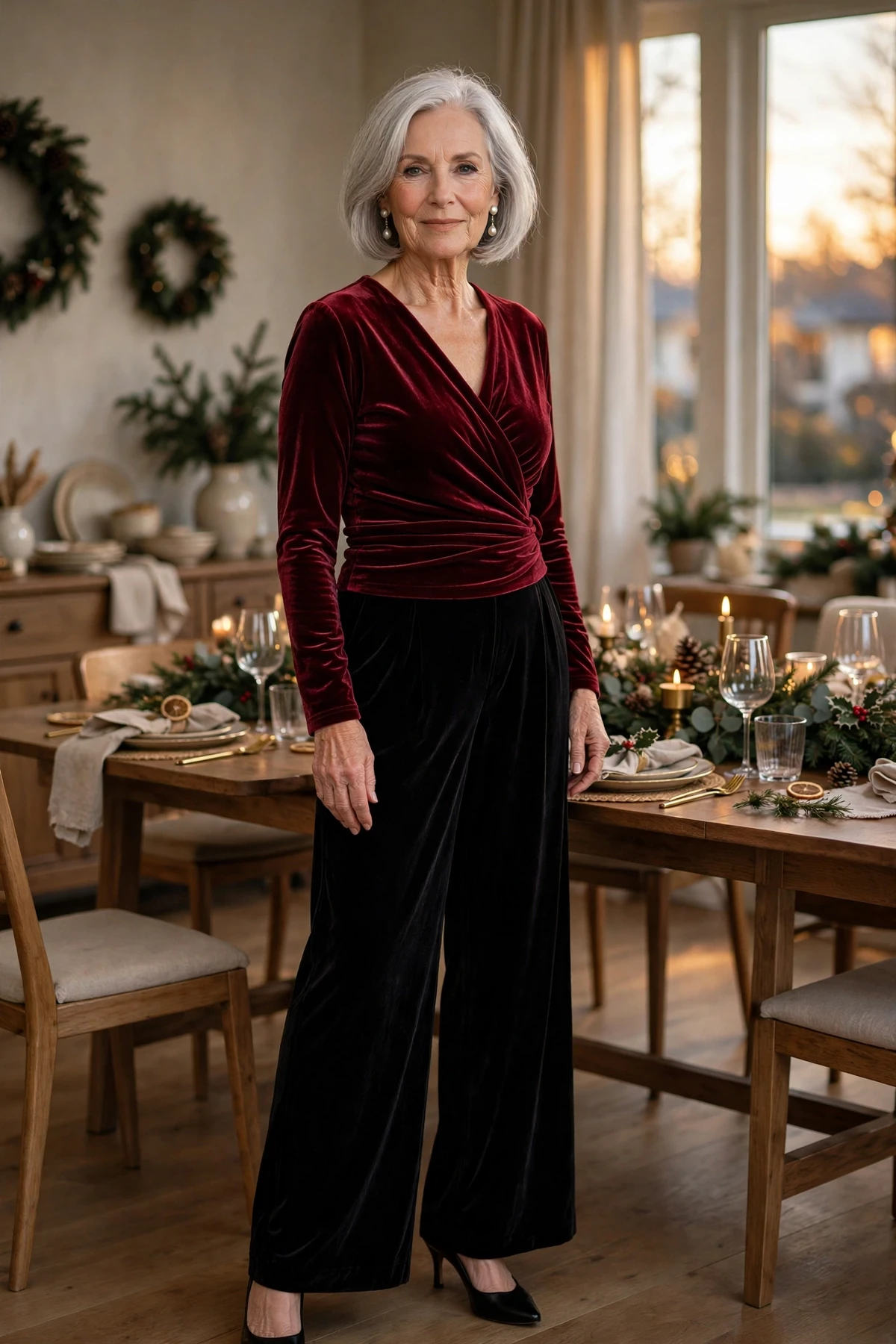 Woman in a cranberry velvet wrap top and black velvet trousers by a set Christmas table