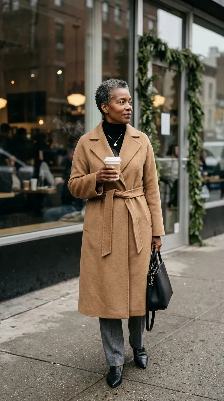 Woman over 50 in camel belted coat, black turtleneck and gray trousers outside a cafe