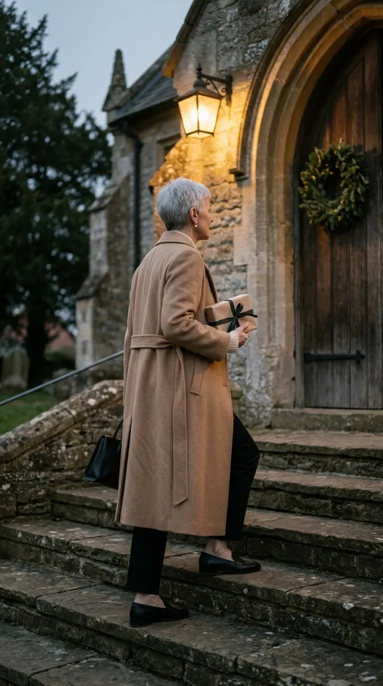 Woman over 50 in camel belted coat, cream knit and black trousers outside a church
