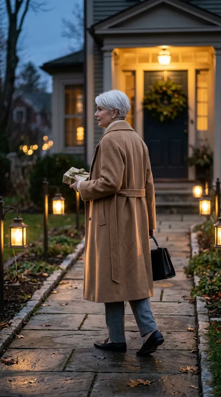 Woman over 50 in camel belted coat, cream knit and gray trousers arriving at dinner