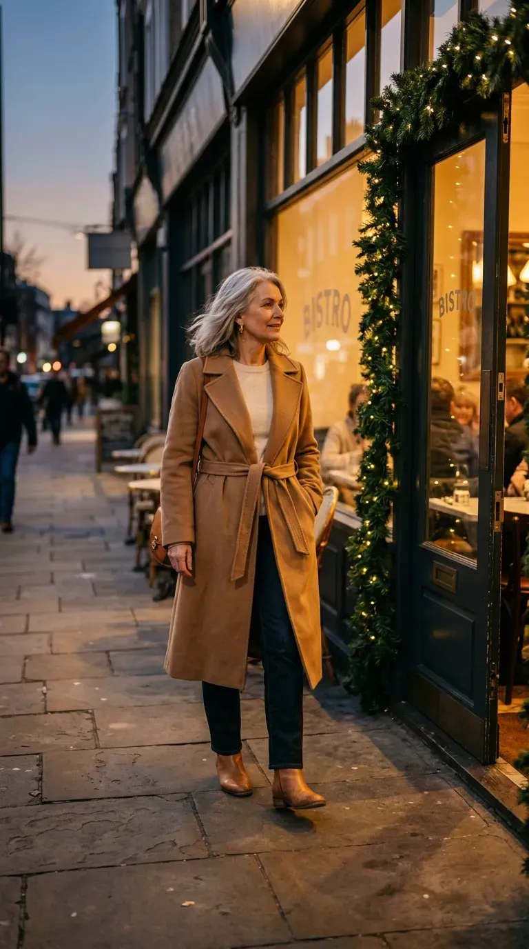 Woman over 50 in camel belted coat, cream knit and straight jeans arriving for a date