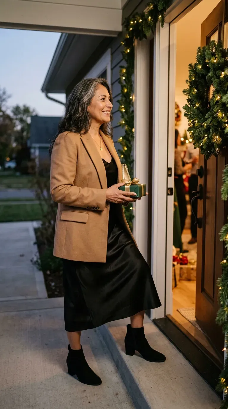 Latina woman in a camel blazer over a black slip dress with ankle boots at a holiday party