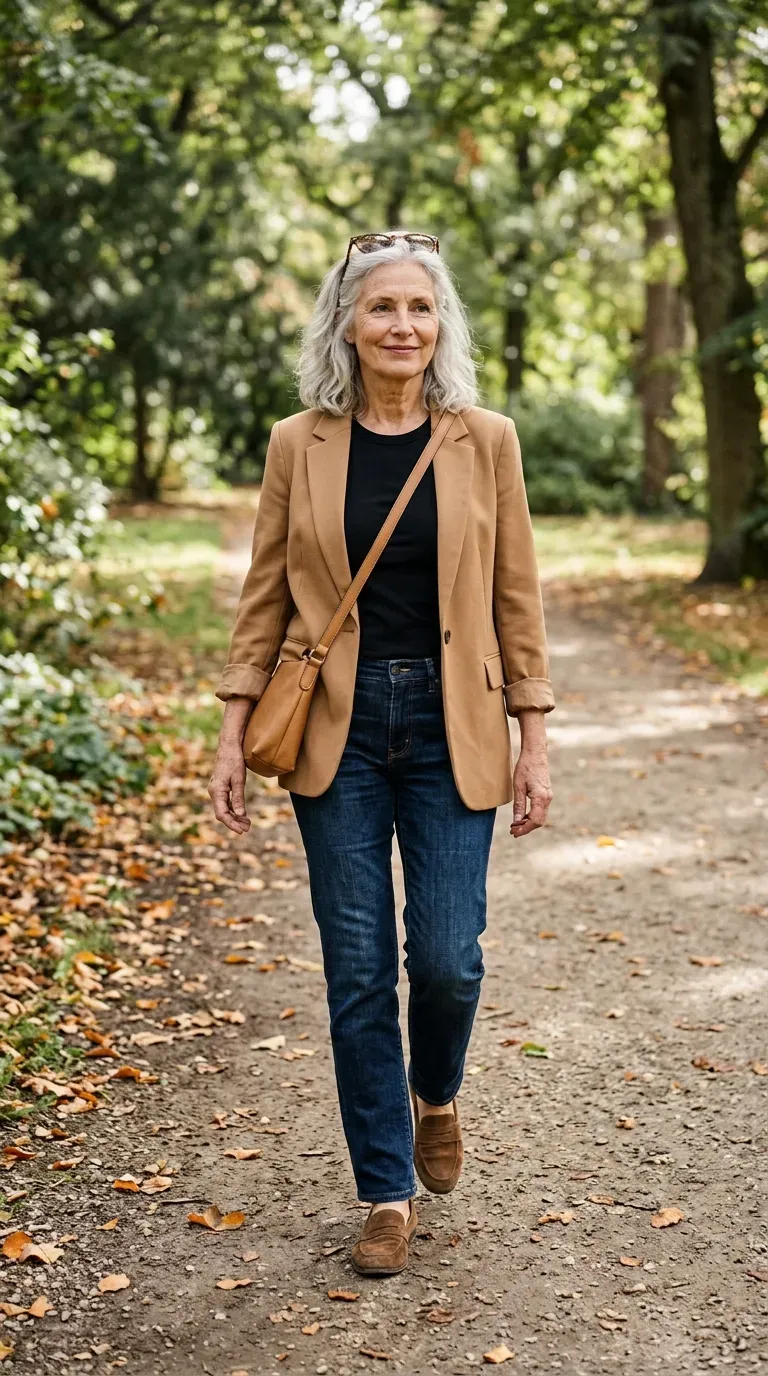 Woman over 50 in camel blazer, black tee and dark jeans