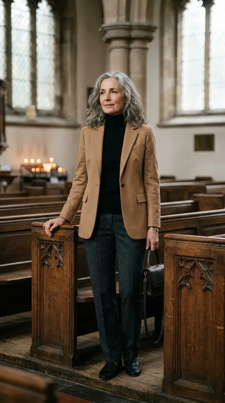 Woman over 50 in camel blazer, black turtleneck and gray trousers in a church interior