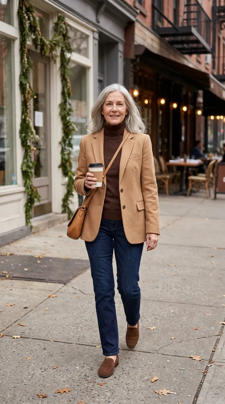 Woman over 50 in camel blazer, brown turtleneck and dark jeans near a restaurant