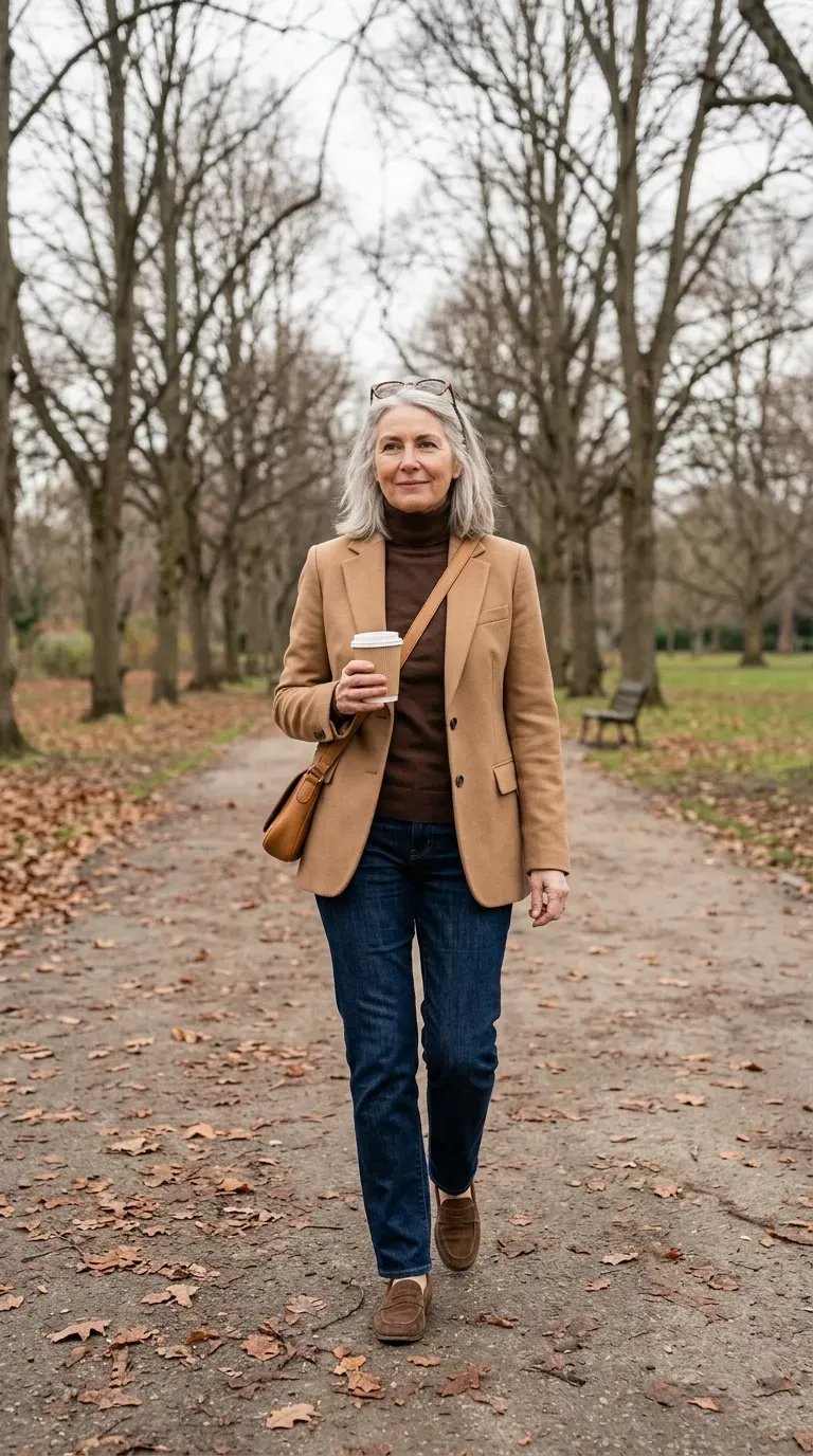 Woman over 50 in camel blazer, brown turtleneck and dark jeans strolling a park path